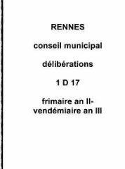 205 vues - Délibérations du conseil général de la commune de Rennes (frimaire an II / vendémiaire an III). (ouvre la visionneuse)