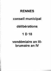 161 vues - Délibérations du conseil général de la commune de Rennes (vendémiaire an III / brumaire an IV). (ouvre la visionneuse)