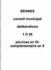 97 vues - Délibérations du conseil municipal (pluviôse an IX / complémentaire an X). (ouvre la visionneuse)