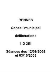 1 vue - Délibérations du conseil municipal, séances des 12/09/2005 et 03/10/2005. (ouvre la visionneuse)