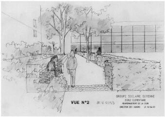 1 vue - Lié à 1875 W 10 - Esquisse en noir et blanc n° EV_0193 du groupe scolaire Guyenne, réaménagement de la cour, vue n° 2. (ouvre la visionneuse)