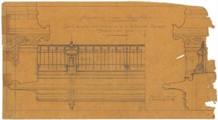 1 vue - Plan en noir et blanc de l\'hippodrome des Gayeulles, détail des pilastres et de la balustrade terrasse (façade sur route). (ouvre la visionneuse)