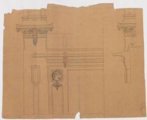 2 vues - Dessin en noir et blanc de l\'hippodrome des Gayeulles, détail de la façade de la tribune d\'honneur. (ouvre la visionneuse)