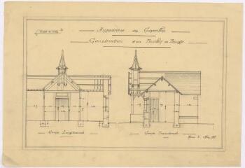 1 vue - Plan en noir et blanc de l\'hippodrome des Gayeulles, construction d\'un pavillon de pesage, coupes longitudinale et transversale. (ouvre la visionneuse)