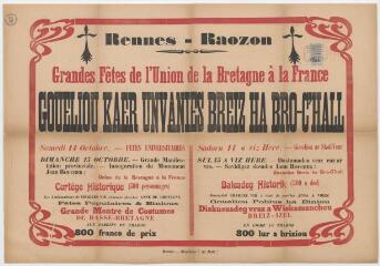 1 vue - I26bis - Rennes-Raozon. Grandes fêtes de l\'Union de la Bretagne à la France (ouvre la visionneuse)