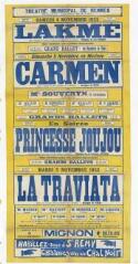 1 vue - Lié à 3 R 106 - Théâtre municipal de Rennes. Samedi 4 novembre 1922. Lakmé, opéra-comique en 3 actes (...) Carmen, opéra-comique (...) Princesse Joujou, opérette moderne en 3 actes (...) La traviata, opéra en 4 actes (...) Mignon (ouvre la visionneuse)