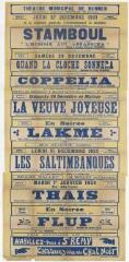 1 vue - Lié à 3 R 107 - Théâtre municipal de Rennes. Jeudi 27 décembre 1923 (...) Stamboul, drame en 4 actes et 8 tableaux (...) Quand la cloche sonnera, drame musical en 1 acte (...) Coppelia (...) La veuve joyeuse (....) Lakmé (...) Les saltimbanques (...) Thaïs (...) Flup (ouvre la visionneuse)