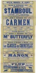 1 vue - Lié à 3 R 107 - Théâtre municipal de Rennes. Mardi 13 novembre 1923. L\'immense succès. Stamboul (...) Carmen, opéra-comique en 4 actes (...) Mme Butterfly (...) Les cloches de Corneville (...) Manon (...) Flup (ouvre la visionneuse)