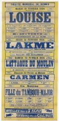 1 vue - Lié à 3 R 108 - Théâtre municipal de Rennes. Mardi 19 février 1924. Louise, roman musical en 4 actes (...) Lakmé (...) L\'attaque du moulin (...) Carmen (...) La fille du tambour-major (ouvre la visionneuse)