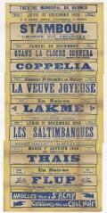 1 vue - Lié à 3 R 108 - Théâtre municipal de Rennes. Jeudi 27 décembre 1923. A la demande générale, irrévocablement la dernière (...) Stamboul (...) Quand la cloche sonnera (...) Coppélia (...) La veuve joyeuse (...) Lakmé (...) Les saltimbanues (...) Thaïs (...) Flup (ouvre la visionneuse)
