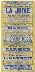 1 vue - Lié à 3 R 109 - Théâtre municipal de Rennes. Mardi 21 octobre 1924, soirée de grand gala. La juive, grand opéra en 5 actes (...) Manon (...) Le grand mogol (...) Carmen (...) La mascotte (ouvre la visionneuse)