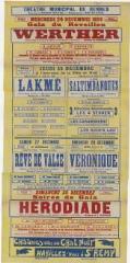 1 vue - Lié à 3 R 109 - Théâtre municipal de Rennes. Mercredi 24 décembre 1924 (...) Werther (...) Lakmé (...) Les saltimbanques (...) Rêve de valse (...) Véronique (...) Hérodiade (ouvre la visionneuse)