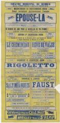 1 vue - Lié à 3 R 109 - Théâtre municipal de Rennes. Mercredi 31 décembre 1924. Pour terminer joyeusement l\'année. Epouse-là ! (...) Le chemineau (...) Rêve de valse (...) Rigoletto (...) Les saltimbanques (...) Faust (ouvre la visionneuse)
