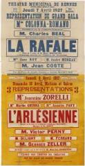 1 vue - Lié à 3 R 112 - Théâtre municipal de Rennes. Jeudi 7 avril 1927. Représentation de grand gala (...) La rafale, pièce en 3 actes (...) L\'arlésienne, drame (ouvre la visionneuse)