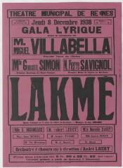 1 vue - Lié à 3 R 126 - Théâtre municipal de Rennes. Jeudi 8 décembre 1938. Gala lyrique (...) Lakmé, opéra-comique en 3 actes (ouvre la visionneuse)