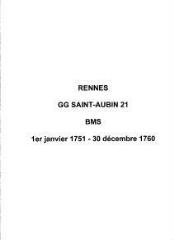 396 vues  - Paroisse Saint-Aubin, baptêmes, mariages et sépultures (01/01/1751 - 30/12/1760). (ouvre la visionneuse)