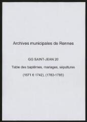 102 vues  - Paroisse Saint-Jean, table de baptêmes, mariages, sépultures (1671 - 1742), (1783 - 1785). (ouvre la visionneuse)