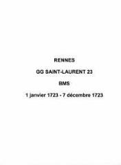 14 vues  - Paroisse Saint-Laurent, baptêmes, mariages et sépultures (01/01/1723 - 07/12/1723). (ouvre la visionneuse)