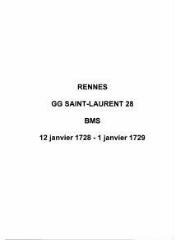 15 vues  - Paroisse Saint-Laurent, baptêmes, mariages et sépultures (12/01/1728 - 01/01/1729). (ouvre la visionneuse)