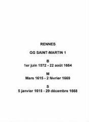 723 vues  - Paroisse Saint-Martin, baptêmes (01/06/1572 - 22/08/1664), (mariages 03/1615 - 02/02/1669), sépultures (05/01/1615 - 29/12/1668). (ouvre la visionneuse)
