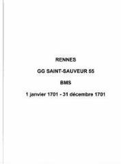 46 vues  - Paroisse Saint-Sauveur, baptêmes, mariages et sépultures (01/01/1701 - 31/12/1701). (ouvre la visionneuse)