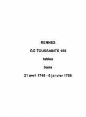 89 vues  - Paroisse Toussaints, tables de bans de mariages (21/04/1748 - 06/01/1758). (ouvre la visionneuse)