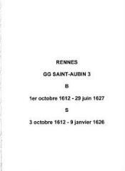 256 vues  - Paroisse Saint-Aubin, baptêmes (01/10/1612 - 29/06/1627), sépultures (3/10/1612 - 09/01/1626). (ouvre la visionneuse)