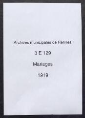 304 vues  - Registre des mariages : 2 janvier 1919 (acte n°1) au 20 septembre 1919 (acte n°913). (ouvre la visionneuse)