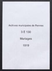 171 vues  - Registre des mariages : 20 septembre 1919 (acte n°914) au 31 décembre 1919 (acte n°1432). (ouvre la visionneuse)