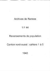 115 vues - Recensement de 1843 : liste nominative (canton nord-ouest : ville, cahiers 1 à 5). (ouvre la visionneuse)