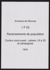116 vues - Recensement de 1844 : liste nominative (canton nord-ouest : ville, cahiers 16 à 20, et campagnes). (ouvre la visionneuse)