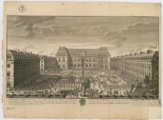 1 vue - Dessin en noir et blanc d\'une perspective de la nouvelle place du Palais construite et réformée sur les dessins de Gabriel. (ouvre la visionneuse)