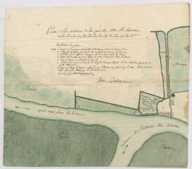 1 vue - Lié à l 83 - Plan en couleurs de la métairie de la Peirelle et de ses environs, problème d\'inondations (commune de Saint-Jacques-de-la-Lande). (ouvre la visionneuse)