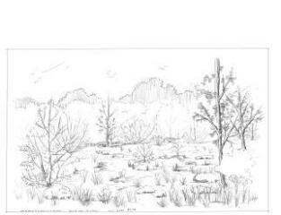 1 vue - Lié à 1875 W 77 - Esquisse en noir et blanc de la base de plein air et de loisirs de la Prévalaye [vue n° 1]. (ouvre la visionneuse)