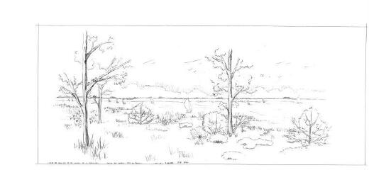 1 vue - Lié à 1875 W 77 - Esquisse en noir et blanc de la base de plein air et de loisirs de la Prévalaye [vue n° 3]. (ouvre la visionneuse)