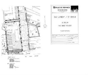 1 vue - Lié à 1724 W 122 - Plan en noir et blanc n° EV_1177 de la ZAC Lorient-Saint-Brieuc, Le Belem, rue René-Prévert, plantations. (ouvre la visionneuse)