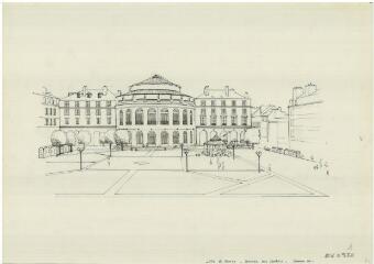 1 vue - Lié à 1875 W 32 - Esquisse en noir et blanc n° EV_0520 de l\'aménagement de la place de la Mairie, vue n° 1. (ouvre la visionneuse)