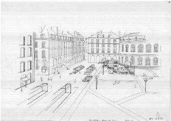 1 vue - Lié à 1875 W 32 - Esquisse en noir et blanc n° EV_0520 de l\'aménagement de la place de la Mairie, vue n° 2. (ouvre la visionneuse)