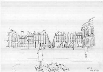 1 vue - Lié à 1875 W 32 - Esquisse en noir et blanc n° EV_0520 de l\'aménagement de la place de la Mairie, vue n° 3. (ouvre la visionneuse)