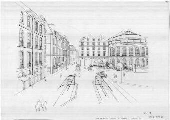 1 vue - Lié à 1875 W 32 - Esquisse en noir et blanc n° EV_0520 de l\'aménagement de la place de la Mairie, vue n° 4. (ouvre la visionneuse)