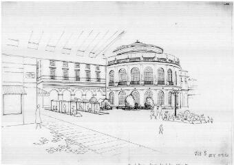 1 vue - Lié à 1875 W 32 - Esquisse en noir et blanc n° EV_0520 de l\'aménagement de la place de la Mairie, vue n° 5. (ouvre la visionneuse)