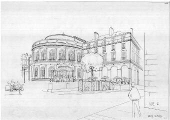1 vue - Lié à 1875 W 32 - Esquisse en noir et blanc n° EV_0520 de l\'aménagement de la place de la Mairie, vue n° 6. (ouvre la visionneuse)