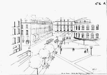 1 vue - Lié à 1875 W 32 - Esquisse en noir et blanc n° EV_0520 de l\'aménagement de la place de la Mairie, vue n° 1 A. (ouvre la visionneuse)
