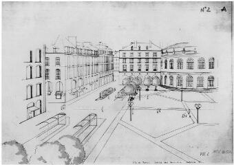 1 vue - Lié à 1875 W 32 - Esquisse en noir et blanc n° EV_0520 de l\'aménagement de la place de la Mairie, vue n° 2 A. (ouvre la visionneuse)