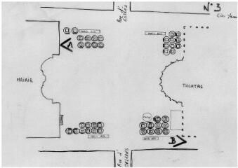 1 vue - Lié à 1875 W 32 - Plan en noir et blanc n° EV_0520 de l\'aménagement de la place de la Mairie, vue d\'ensemble n° 3. (ouvre la visionneuse)