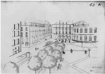 1 vue - Lié à 1875 W 32 - Esquisse en noir et blanc n° EV_0520 de l\'aménagement de la place de la Mairie, vue n° 3 A. (ouvre la visionneuse)