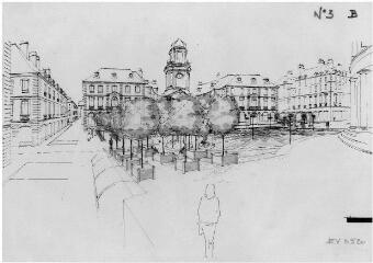 1 vue - Lié à 1875 W 32 - Esquisse en noir et blanc n° EV_0520 de l\'aménagement de la place de la Mairie, vue n° 3 B. (ouvre la visionneuse)