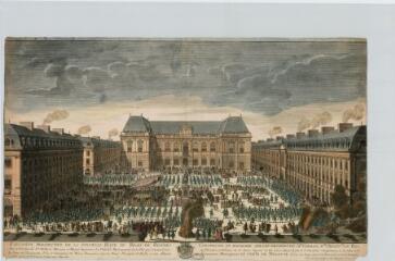1 vue - Lié à 10 Z 219 - Illustration en couleurs de la nouvelle place du palais de Rennes, élévation perspective (architecte : Jacques Gabriel). (ouvre la visionneuse)