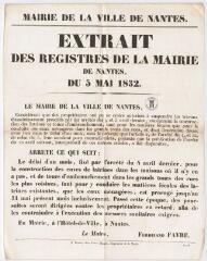 1 vue - Extrait du registre de la Mairie de Nantes [Prorogation du délai de construction et d\'embranchement des latrines] (ouvre la visionneuse)