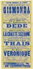 1 vue - Lié à 3 R 106 - Théâtre municipal de Rennes. Mardi 23 janvier 1923. Gismonda (...) Dédé (...) La chaste Suzanne (...) Thaïs (...) Véronique (ouvre la visionneuse)